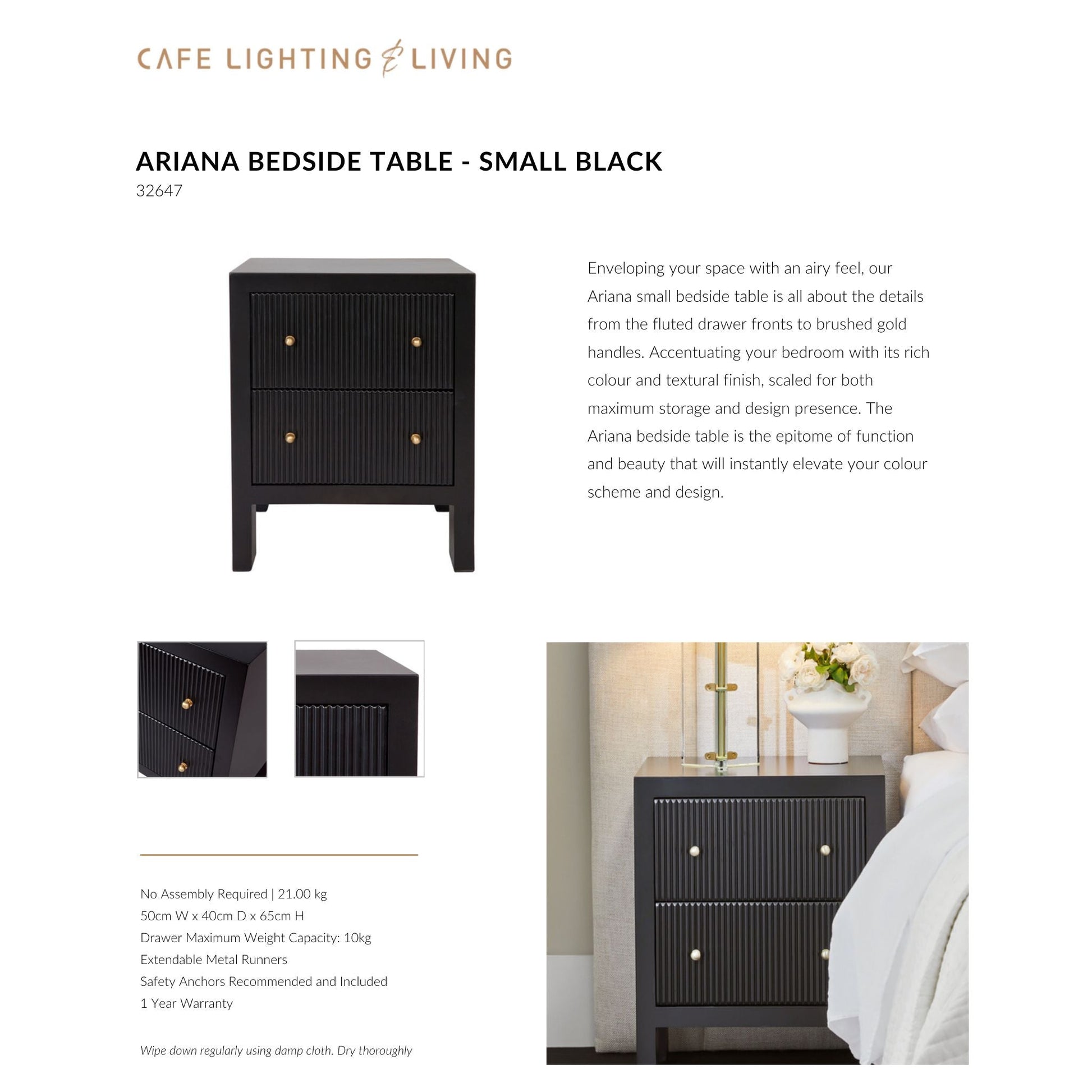 Ariana Small Two Drawer Bedside Table - Black Bedside Table Cafe Lighting & Living   