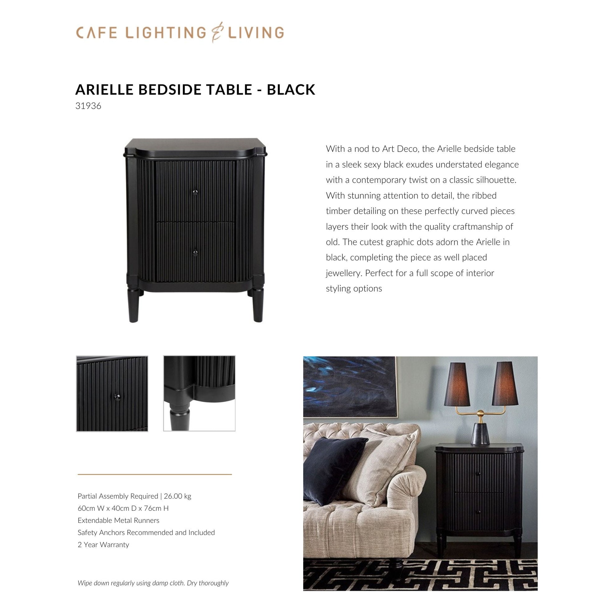 Arielle Ribbed Timber Bedside Table - Black Bedside Table Cafe Lighting & Living   