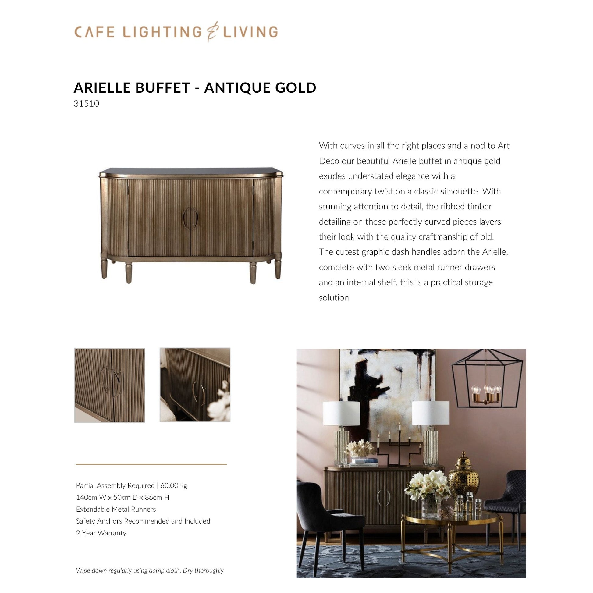 Arielle Ribbed Timber Buffet Table - Antique Gold Buffet Table Cafe Lighting & Living   