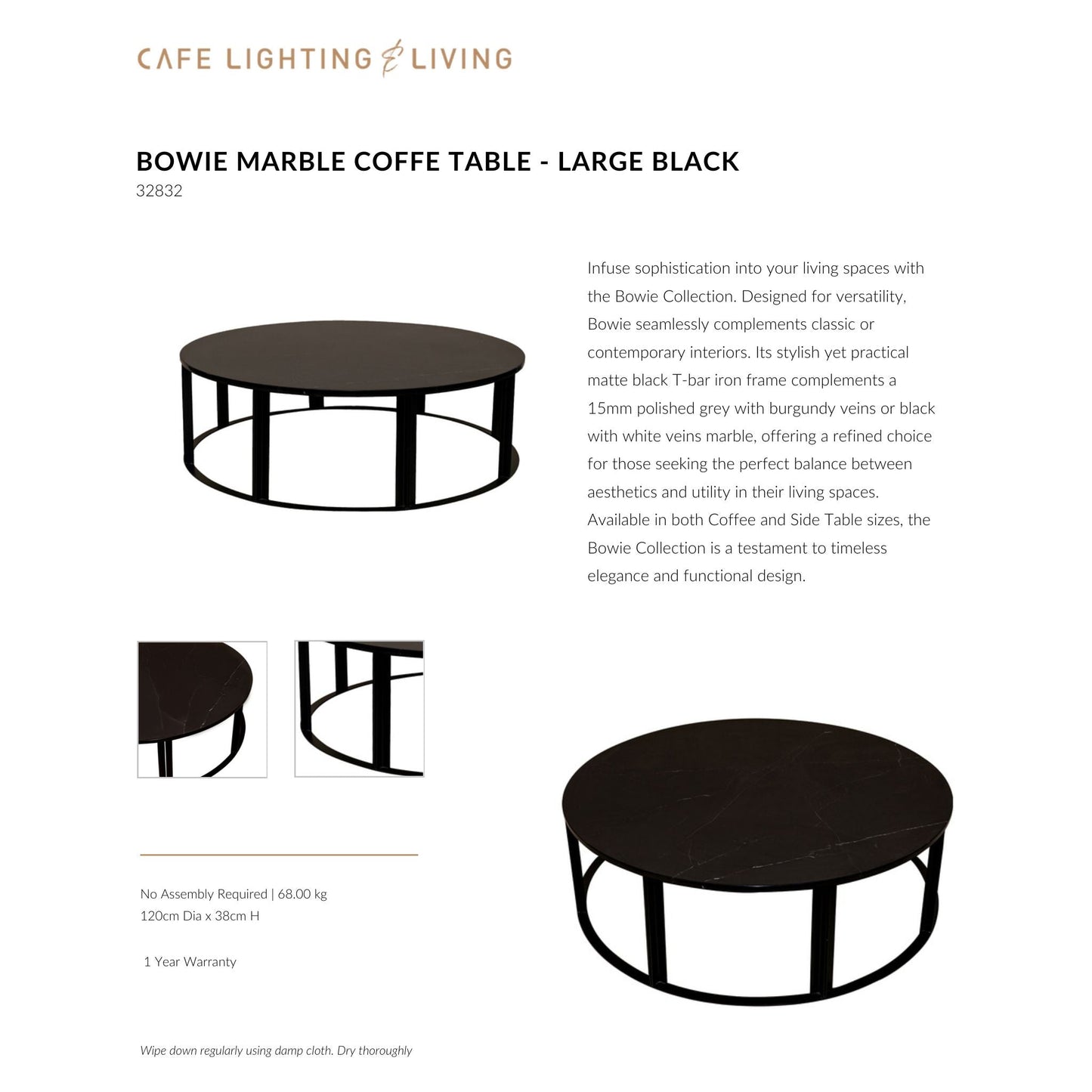 Bowie Marble Large Coffee Table - Black Coffee Table Cafe Lighting & Living   