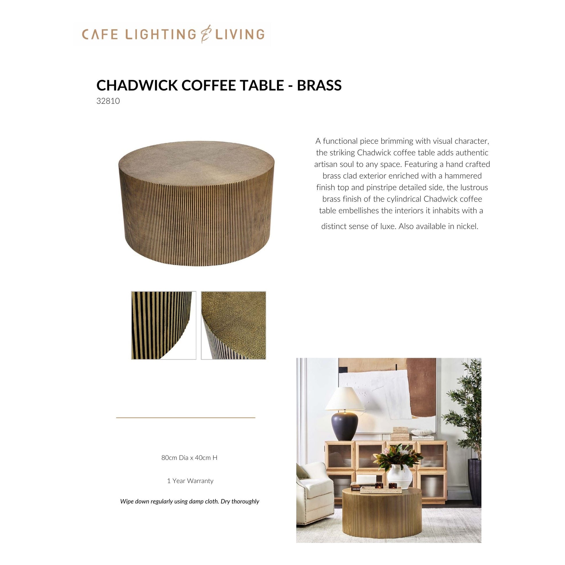 Chadwick Pinstripe Coffee Table - Brass Coffee Table Cafe Lighting & Living   