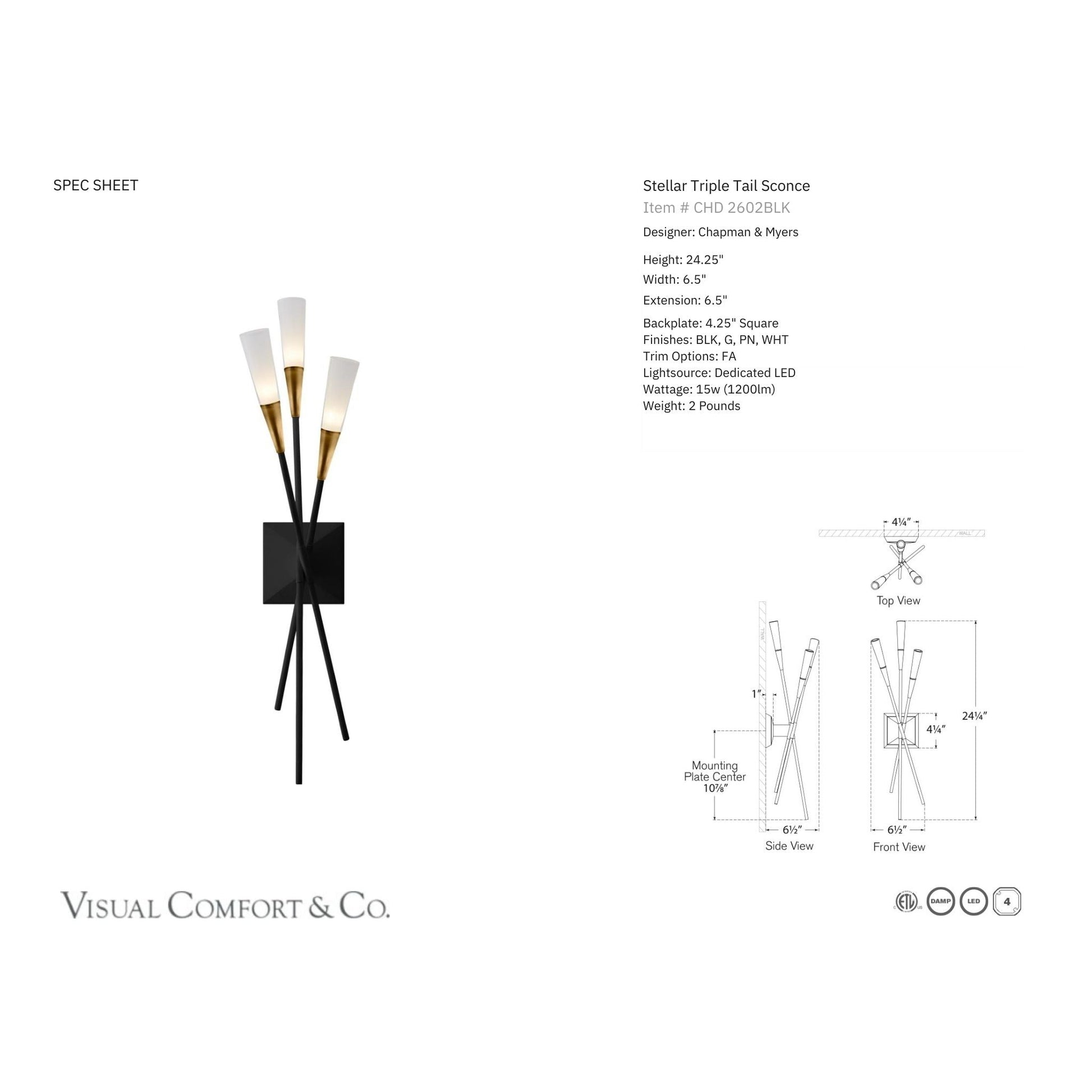 Chapman & Myers Stellar Triple Tail Wall Sconce - Matte Black Wall Light Bloomingdales Lighting   