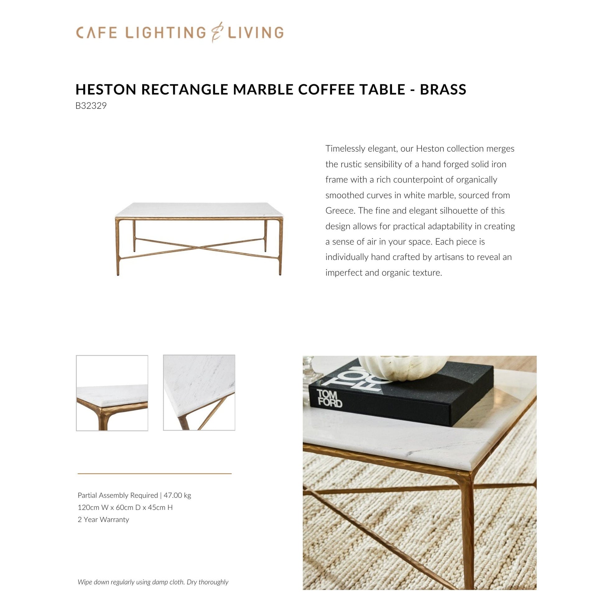 Heston Rectangle Marble Coffee Table - Brass Coffee Table Cafe Lighting & Living   