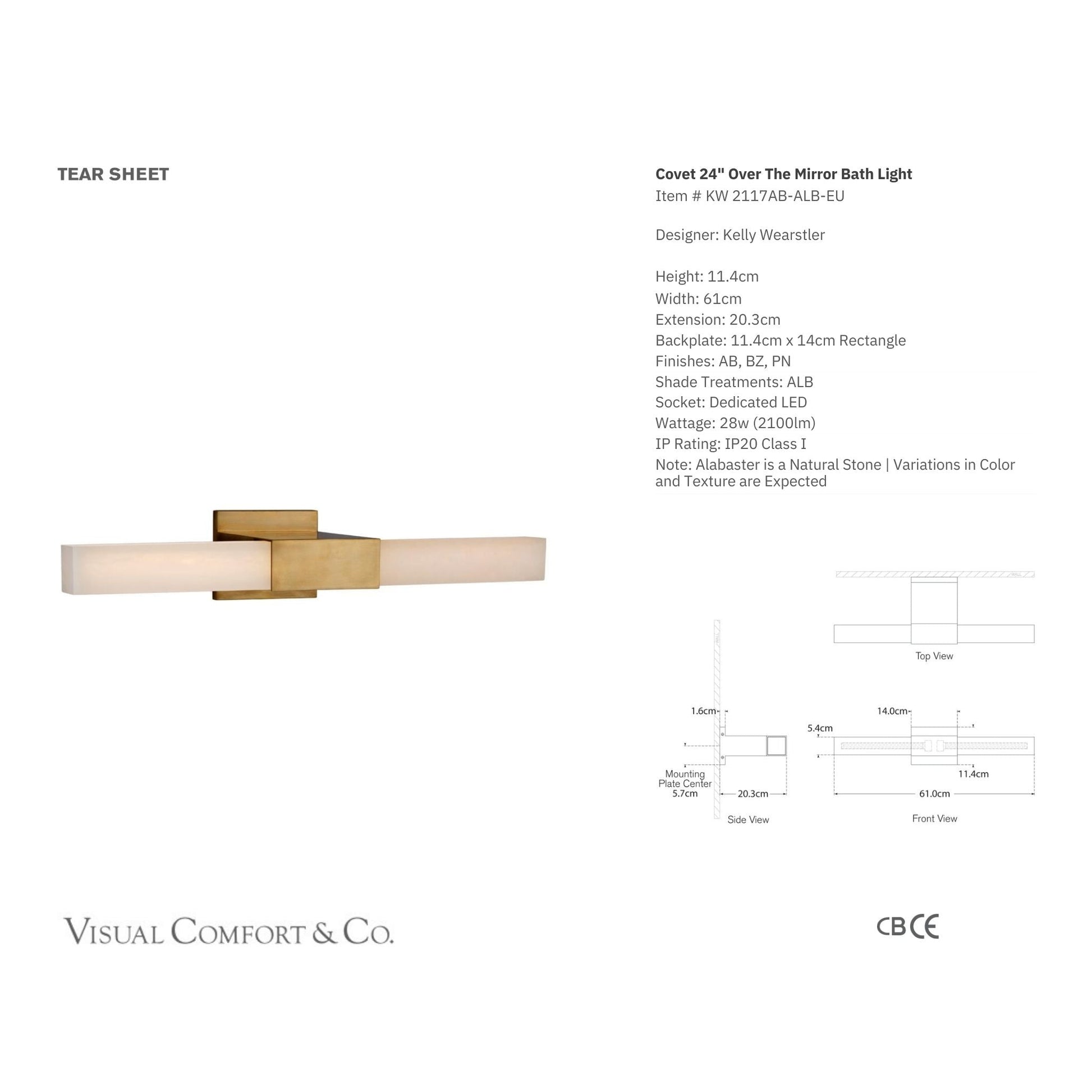 Kelly Wearstler Covet 24" Over The Mirror Alabaster Bath Wall Light - Brass Wall Light Bloomingdales Lighting   