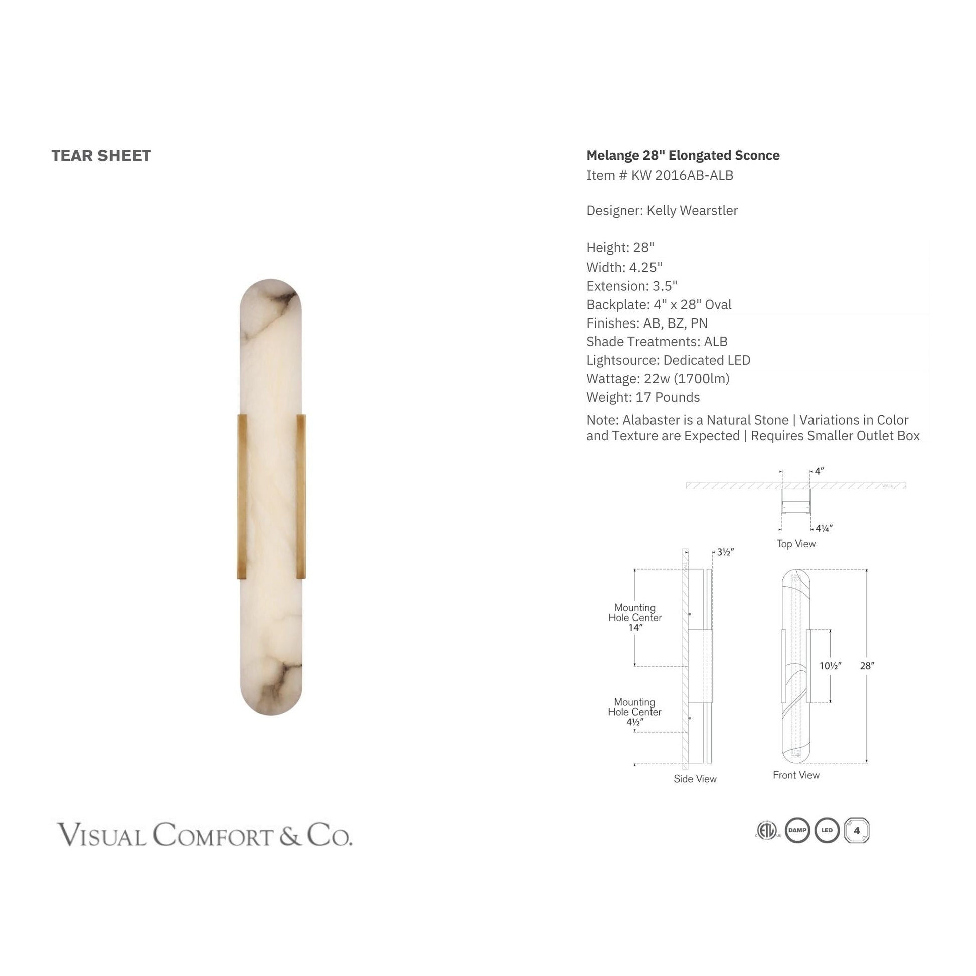 Kelly Wearstler Melange 28" Elongated Alabaster Wall Sconce - Brass Wall Light Bloomingdales Lighting   