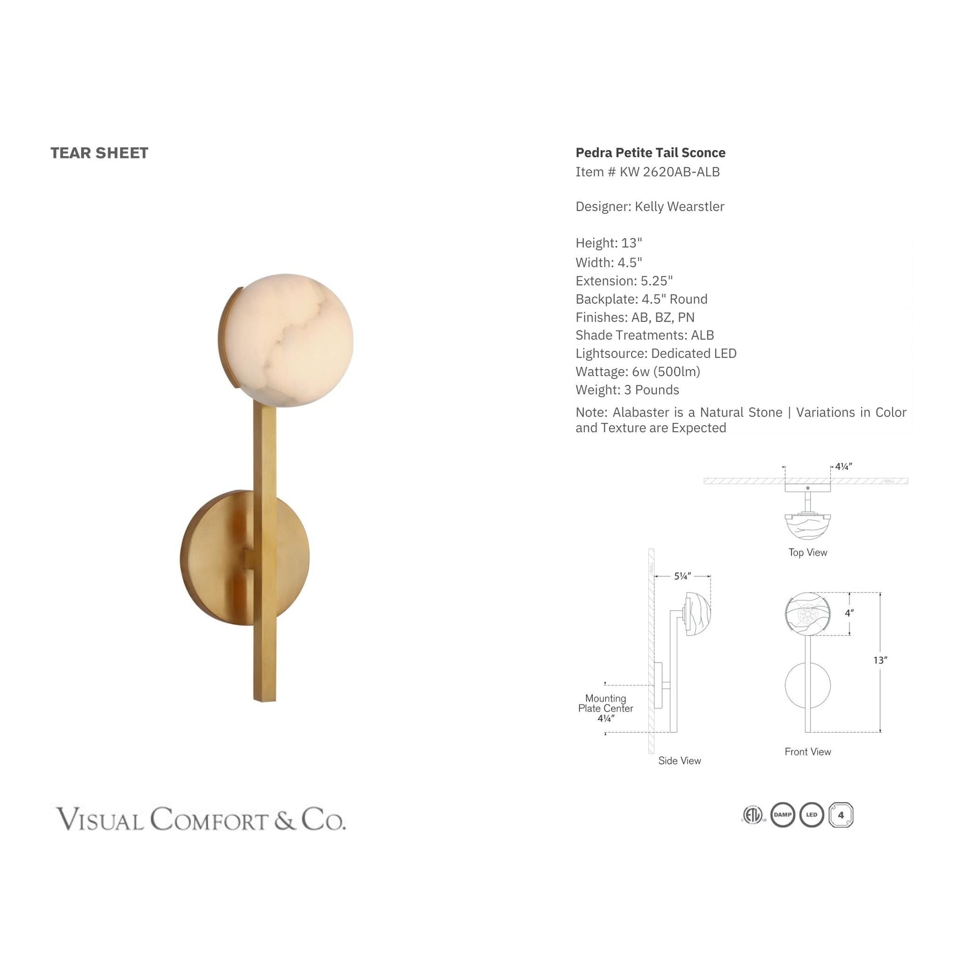 Kelly Wearstler Pedra Petite Tail Alabaster Wall Sconce - Brass Wall Light Bloomingdales Lighting   