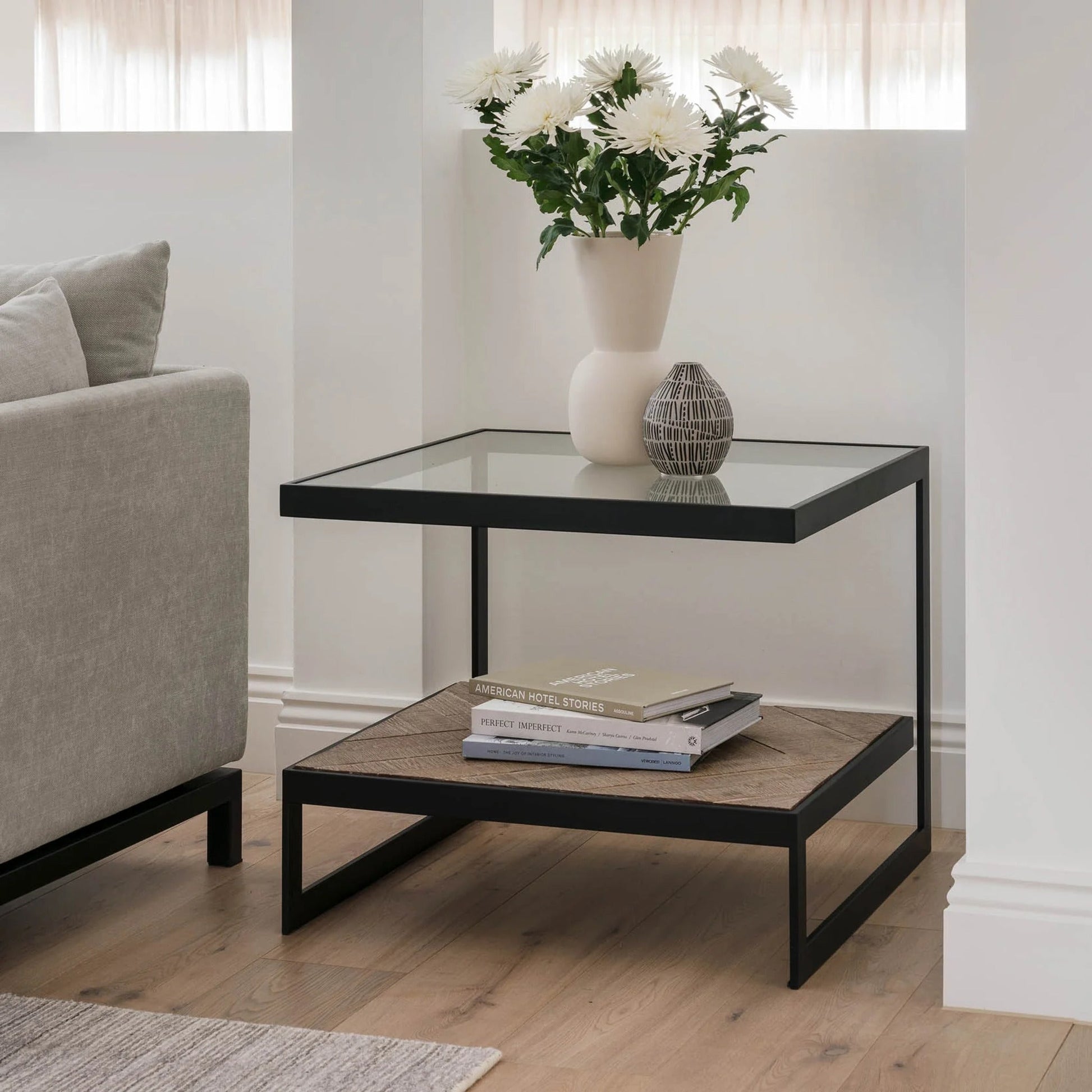 Lenny Square Glass Side Table - Oak & Black Side Table M+Co Living