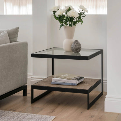 Lenny Square Glass Side Table - Oak & Black Side Table M+Co Living