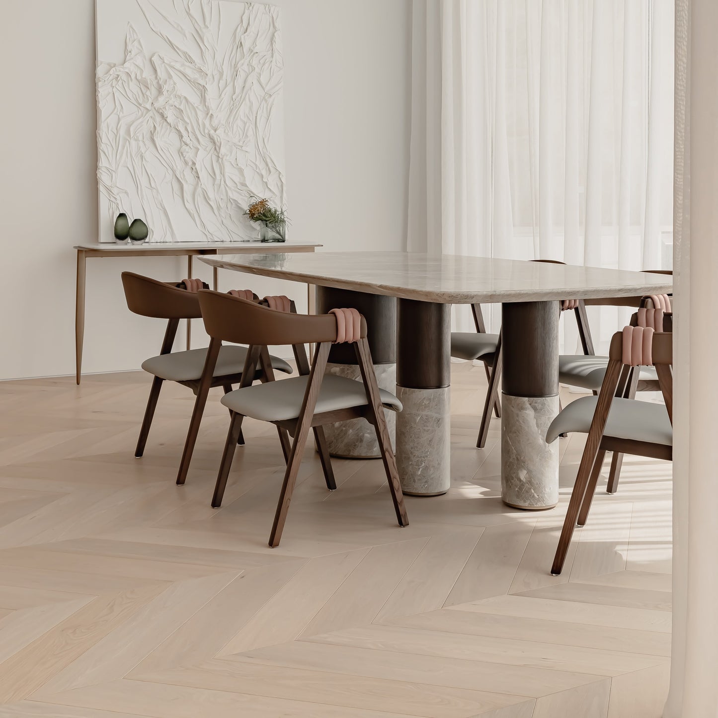 Valerie 2.2m Soft Cornered Rectangular Marble Dining Table - Brown Dining Table Raffine